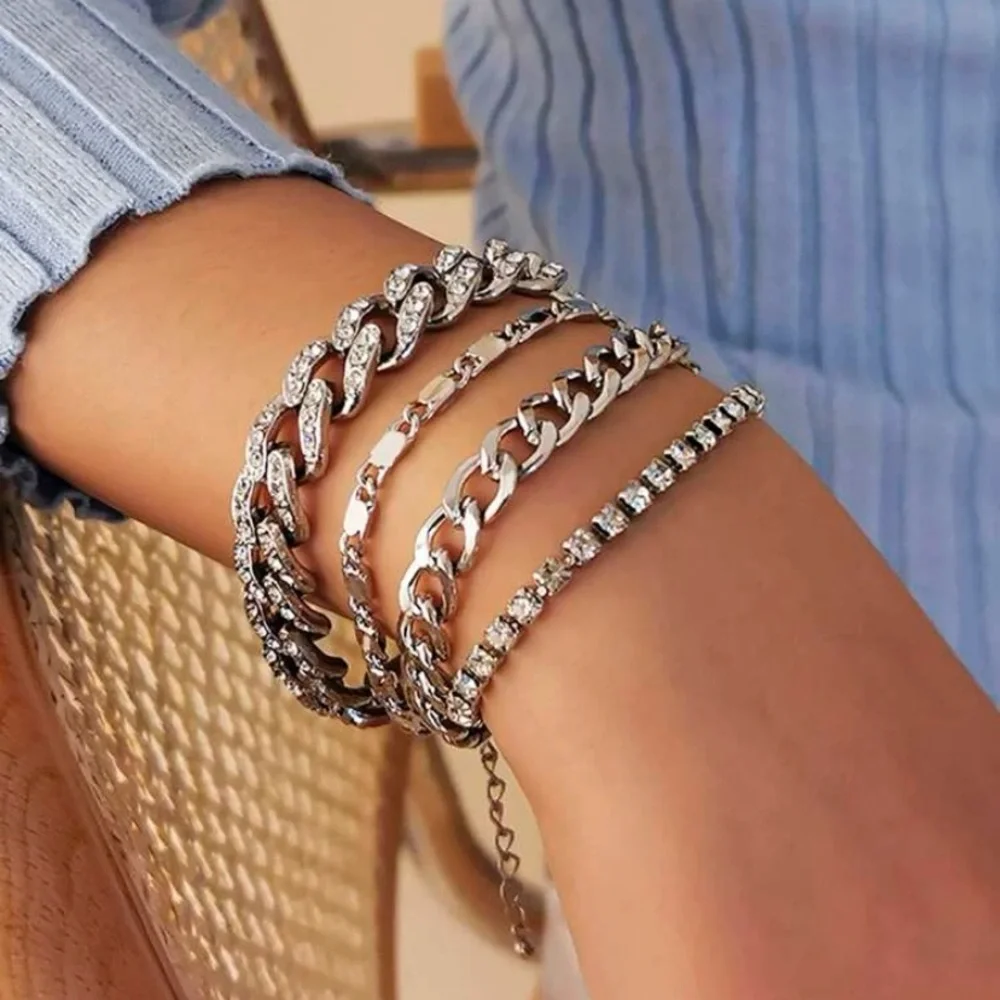 4 pcs Rhinestone Cuban Link Chain Bracelets - Picture 5 of 10